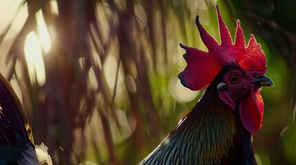 Poster - Rooster crowing at dawn, close up, vibrant plumage, crisp morning light, farm soundscape