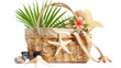 © PerfectPhoto - Beach bag with accessories and tropical beach, transparent, PNG file on white background
