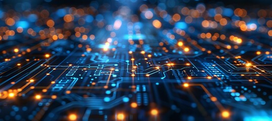 Blue circuit board with glowing lights and yellow dots for enhanced visual appeal