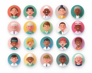 A set of icons, men and women in medical jobs style, doctor and nurse and professor and... on round circle labels and template frames.