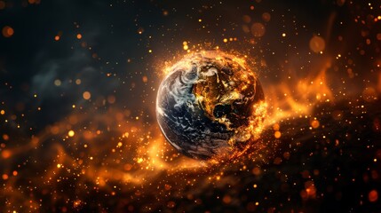 global warming, A blue marble planet with a white cloud swirl orbits a bright star in the vast darkness of space