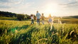 © ProstoSvet - family holding hands in a lush field at sunset.