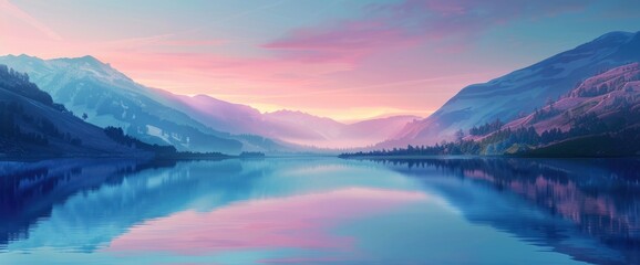 Wall Mural - A serene mountain lake at twilight, mirrored reflections, pastel colors, DSLR camera with a telephoto lens, twilight hues, tranquil landscape., cartoon style, background