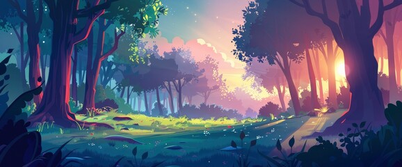 Wall Mural - A tranquil forest glade at twilight, dappled sunlight, serene ambiance, DSLR camera with a prime lens, twilight hues, peaceful landscape., cartoon style, background,comic panel background