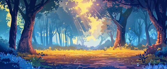 Wall Mural - A tranquil forest glade at twilight, dappled sunlight, serene ambiance, DSLR camera with a prime lens, twilight hues, peaceful landscape., cartoon style, background,comic panel background