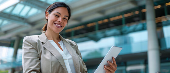 Wall Mural - woman working with a tablet in her hands on the city streets, with corporate buildings in the background