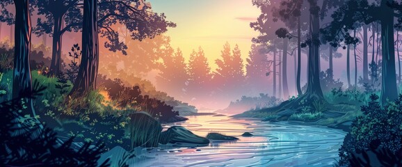 Wall Mural - A tranquil forest stream at dawn, mist rising from waters, peaceful ambiance, DSLR camera with a standard lens, soft morning light, serene landscape., cartoon style, background