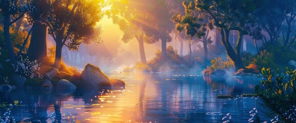 Wall Mural - A tranquil forest stream at sunrise, mist rising from waters, ethereal atmosphere, DSLR camera with a standard lens, dawn light, serene scene., cartoon style, background
