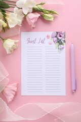 Wall Mural - Guest list, pen, tulle fabric and beautiful flowers on pink background, flat lay. Space for text