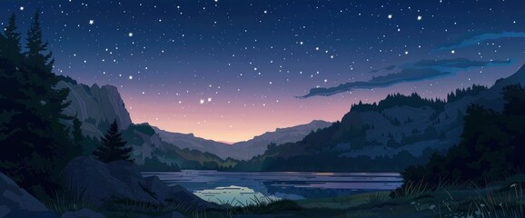 Wall Mural - A tranquil mountain pass at twilight, starry sky, serene atmosphere, DSLR camera with a telephoto lens, nighttime ambiance, picturesque landscape., cartoon style