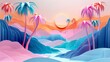 A surreal desert oasis with paper mirages of water and palm trees that shift colors as they flutter in the breeze, paper art style concept