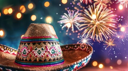 Sticker - A Mexican sombrero adorned with bursts of fireworks against the night sky