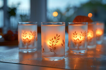 Canvas Print - Four translucent glasses with white leaf patterns, glowing warmly on a romantic evening table.