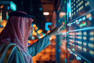 Wall Mural - A Saudi Arabian Gulf businessman pointing his hand at the stock exchange screen.
