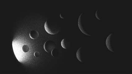 Poster - Balls levitate and fly towards the glowing hole, tunnel or wormhole. Exit from darknes, light at end of tunnel concepts. Stippling style. Dotwork. Pointillism. Shading using dots. Vector illustration
