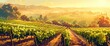 A picturesque vineyard at sunrise, rows of grapevines, misty atmosphere, Background Banner HD