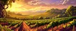 A picturesque vineyard at sunrise, rows of grapevines, warm colors, Background Banner HD