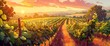 A picturesque vineyard at sunrise, rows of grapevines, warm colors, Background Banner HD