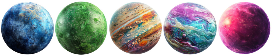 set of fantasy planets isolated on transparent background.