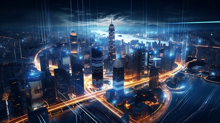 Wall Mural - An aerial view of a modern city illuminated at night, with traces of traffic lights and futuristic buildings