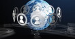 Image of digital interface with globe with people icons spinning and map lines on black background