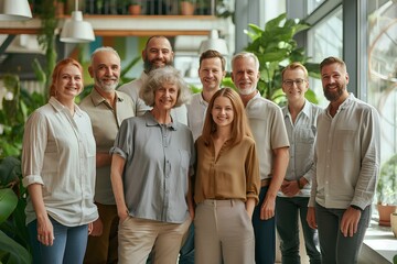 A group of happy and smiling business people standing in an office, wearing casual of different ages from young to old. generative AI