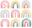 Cute rainbow illustration, pastel colors, girl nursery, pink, yellow, heart, baby room