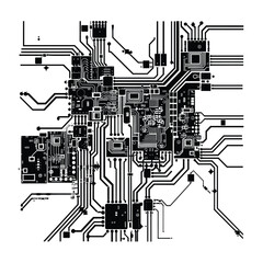 Wall Mural - close-up of a complex, black and white printed circuit board design showcasing intricate pathways an