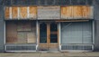 Shuttered business, boarded storefront, palpable abandonment, symbolizing recession.