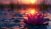 Magic Big Bright Pink Water Lily Or Lotus Flower Perry's Orange Sunset In Garden Pond. Nymphaea Reflected In Water. Flower Landscape For Nature Wallpaper With