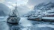 Harbor Landscape with Snow-Capped Mountains, Ocean, and Nautical Vessel