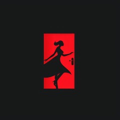 Wall Mural - An illustration of a woman wearing a long dress and dancing against a door, black and red minimal logo of a ballerina girl with skirt.
