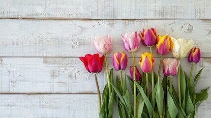 Poster - A gorgeous bouquet of tulips set against a pristine white wooden backdrop