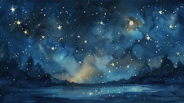 Watercolor of a nighttime sky where stars form the shapes of letters, inspiring curiosity about the alphabet and astronomy