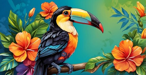 Poster - Tropical background with exotic toucan bird and flowers illustration.