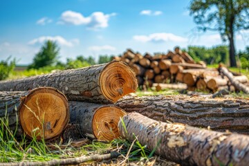 Pile of freshly cut trees and wooden trunks in a meadow with grass and vegetation