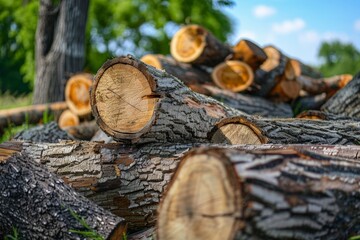 Pile of freshly cut trees and wooden trunks in a meadow with grass and vegetation