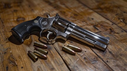 Revolver and ammunition on a wooden table, Firearm and bullets