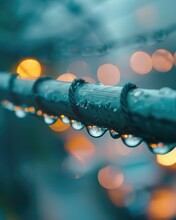 Raindrops On A Green Metal Fence With Blurred Orange And Yellow Lights In The Background.