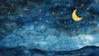 Whimsical watercolor of a night sky filled with twinkling stars and a glowing moon, perfect for sparking children's imagination about space