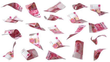 3D rendering of 100 Chinese renminbi notes flying in different angles and orientations isolated on transparent background