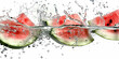 watermelon slices splashing into water against a white background, generative AI
