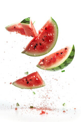 Falling juicy red watermelon and seeds isolated on white background 