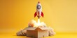 Rocket taking off inside cardboard box on yellow background, startup concept