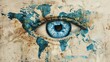 World map with human eye in the center