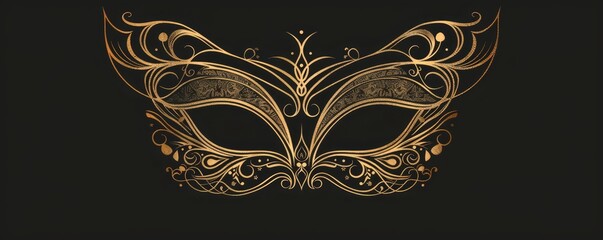 A golden eye mask for masquerade party festival isolated on black background with floral pattern art.	
