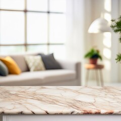 Wall Mural - an empty marble grain shiny polished stage table, set against a blurred background of a cozy living room, modern living room with bed