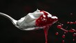 Detailed and vibrant shot of a spoon of yogurt with a splash of jam, emphasizing its texture and perfect sheen, isolated on a dark background for contrast
