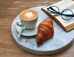 cup of latte coffee on the marble round table, a croissant on a plate, a book and a pair of glasses.