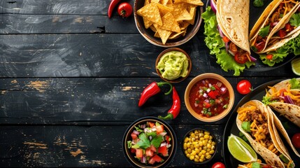 Wall Mural - A top down view of a tempting spread of Mexican culinary delights like tacos burritos quesadillas and nachos showcased on a dark wooden background with a generous amount of space for text